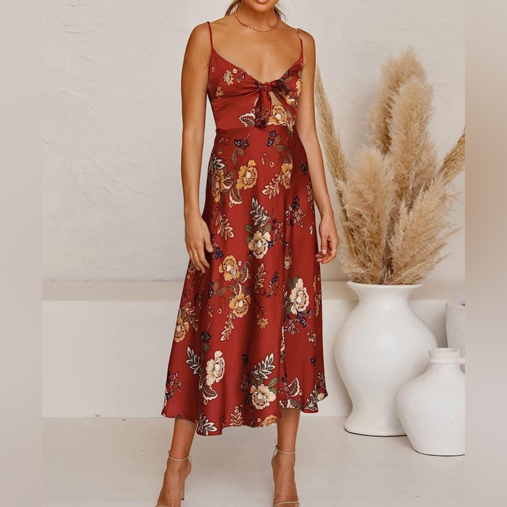 NEW IN PACKAGING* Spaghetti Strap Midi Satin front tie dress